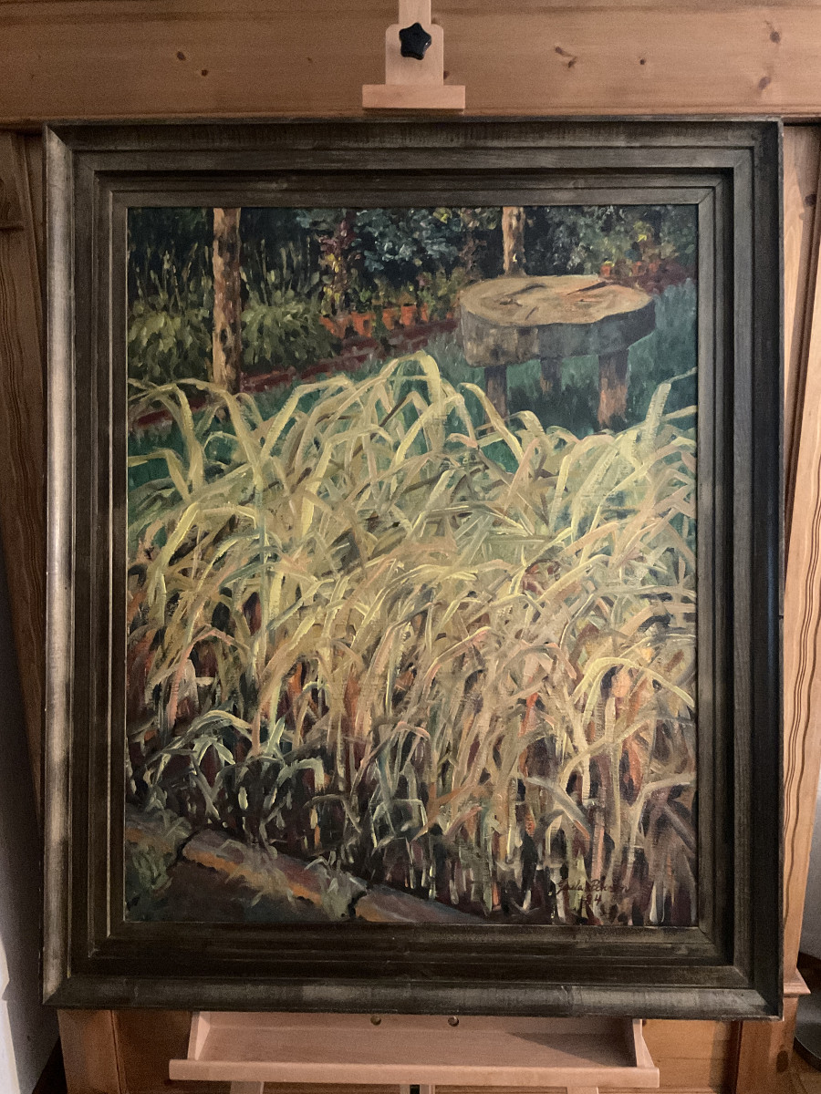 Schilf im Garten 1984, 70 cm x 87 cm, Öl auf Hartfaserplatte