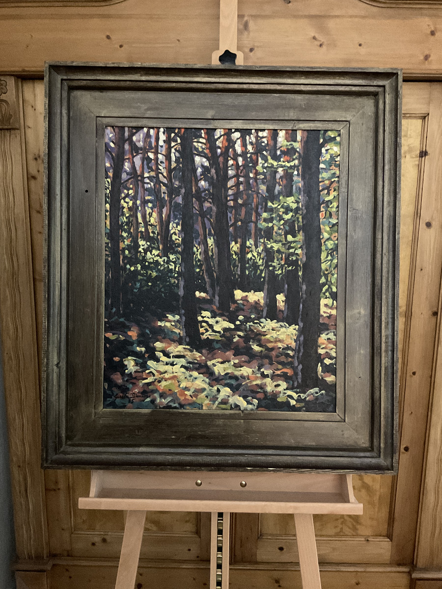 Im Wald bei Gegenlicht 1985, 50 cm x 60 cm, Öl auf Hartfaserplatte