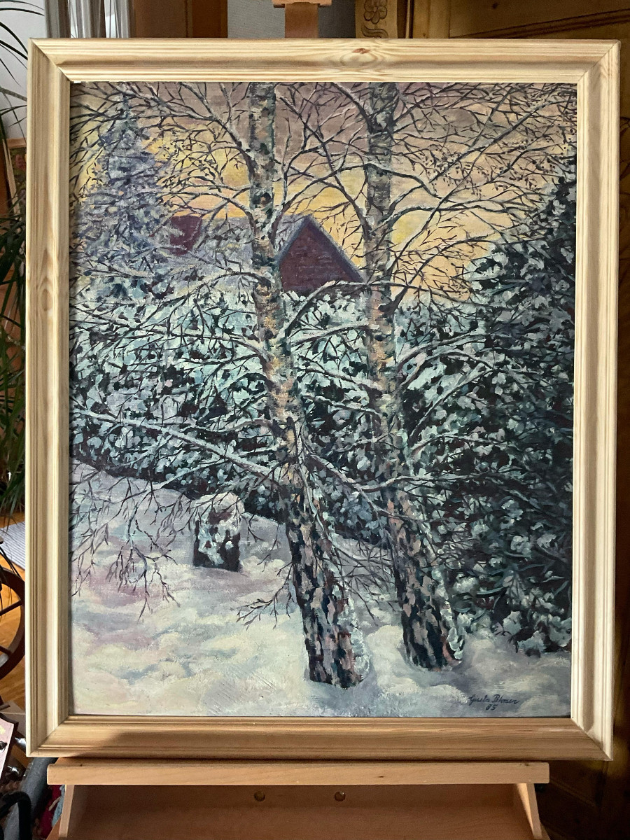 Winter mit Birken 1985, 60 cm x 75 cm, Öl auf Hartfaserplatte