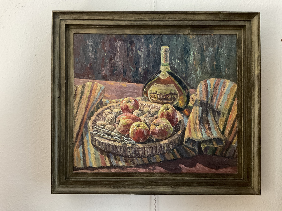 Stillleben mit Äpfeln und Weinflasche 1987, 75 cm x 60 cm, Öl auf Hartfaserplatte, Spachteltechnik