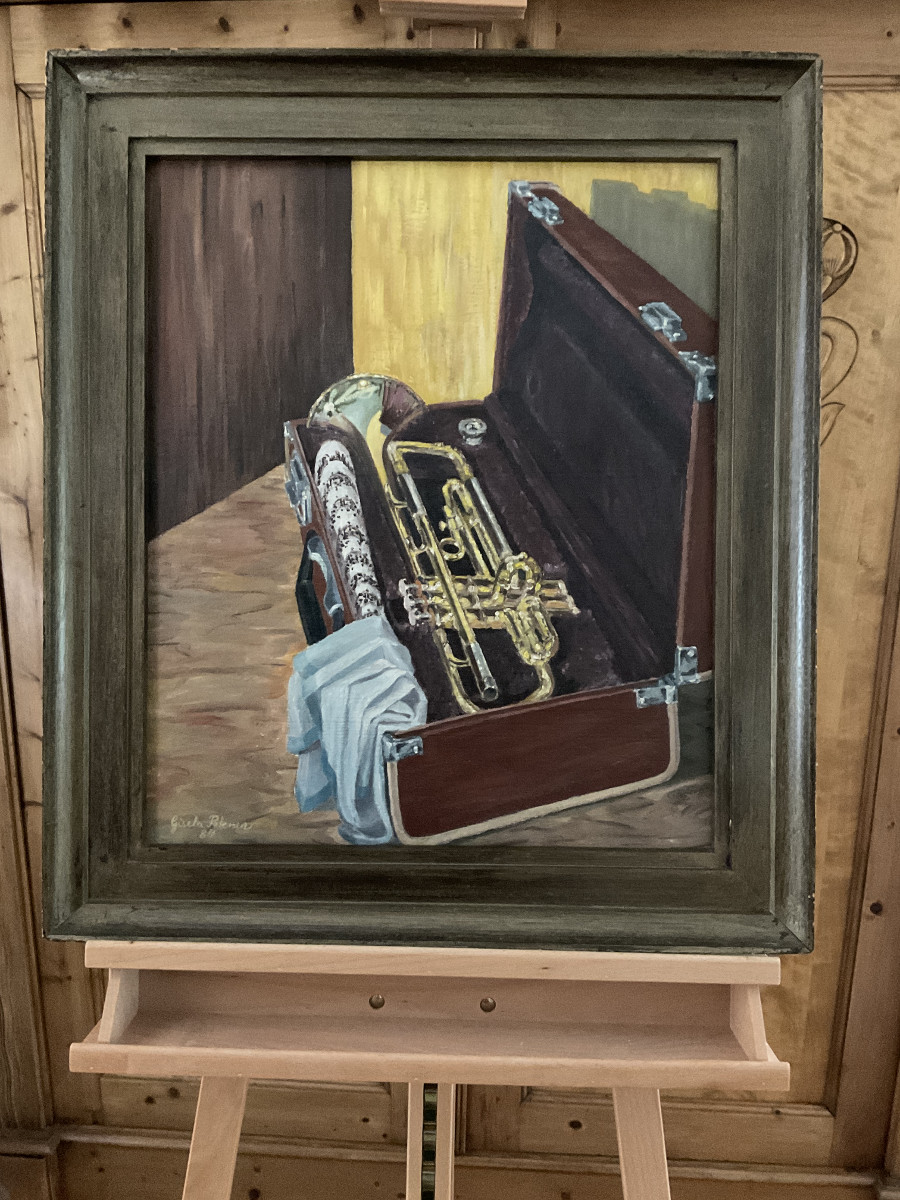 Trompete im Koffer 1984, 50 cm x 60 cm, Öl auf Hartfaserplatte