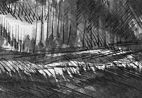 Im Wald, Grafik mit Tusche auf Papier, digitalisierter Ausschnitt, Laserdruck A4