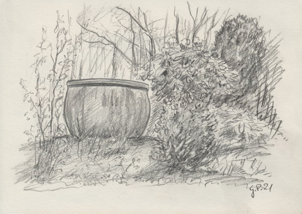 Keramiktopf im Garten, Zeichnung mit Bleistift DIN A 5
