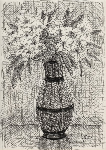 Rhododendronblüten in einer Vase, Zeichnung mit Fineliner DIN A 5