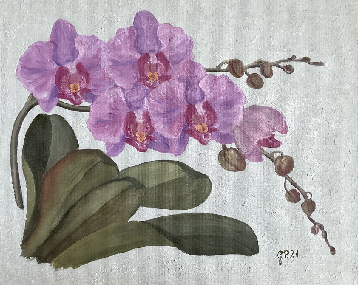 Orchideenblüten hellviolett 2021, Öl auf Leinwandkarton, 24 cm x 30 cm