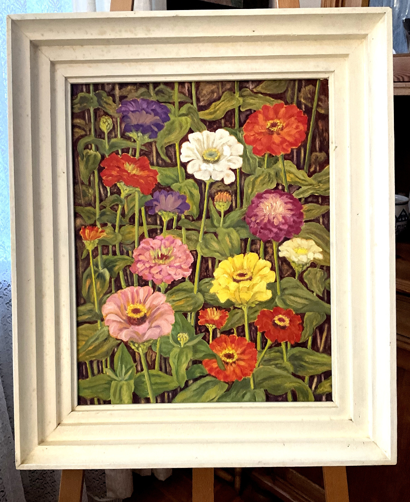 Zinnien 4, Öl auf  Hartfaserplatte, 50 cm x 40 cm